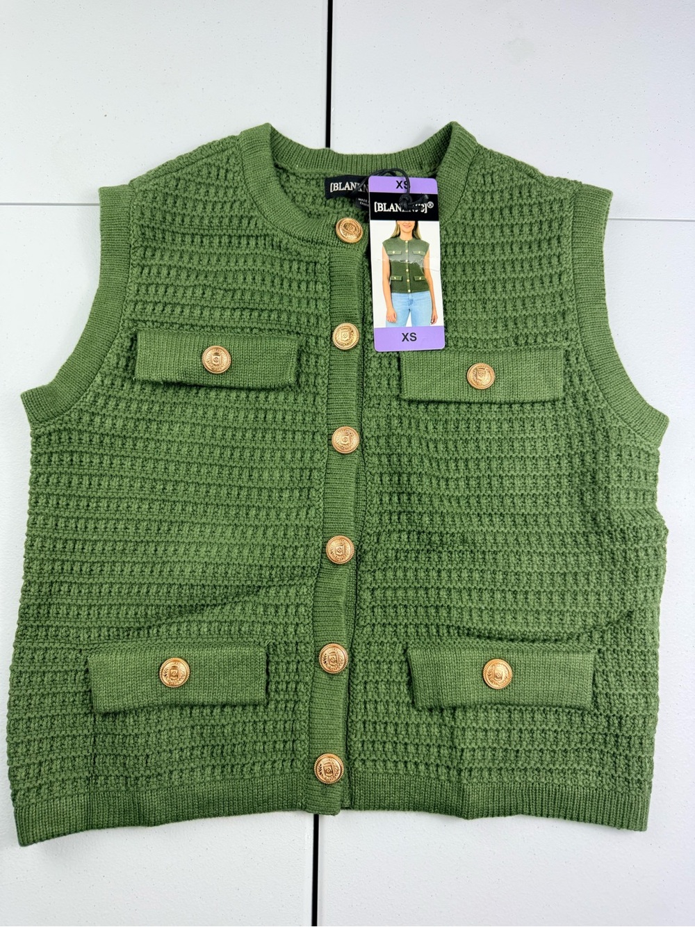 Blank NYC Green Knit Button-Front Vest with Gold Buttons XS